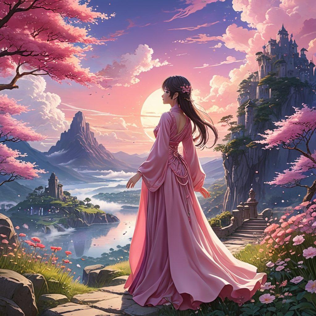 A captivating scene showcasing an elegant anime character in a beautifully stylized fantasy landscape, surrounded by magical elements and vibrant colors that evoke allure and intrigue. Subtle hints of eroticism are tastefully integrated into the art, with flowing fabric and ethereal lighting that enhance the character's mystique. The background features whimsical flora and soft clouds, drawing the viewer into a dream-like setting. This composition should celebrate the aesthetics of anime and adult fantasies. vibrant colors. ethereal. fantasy art.
