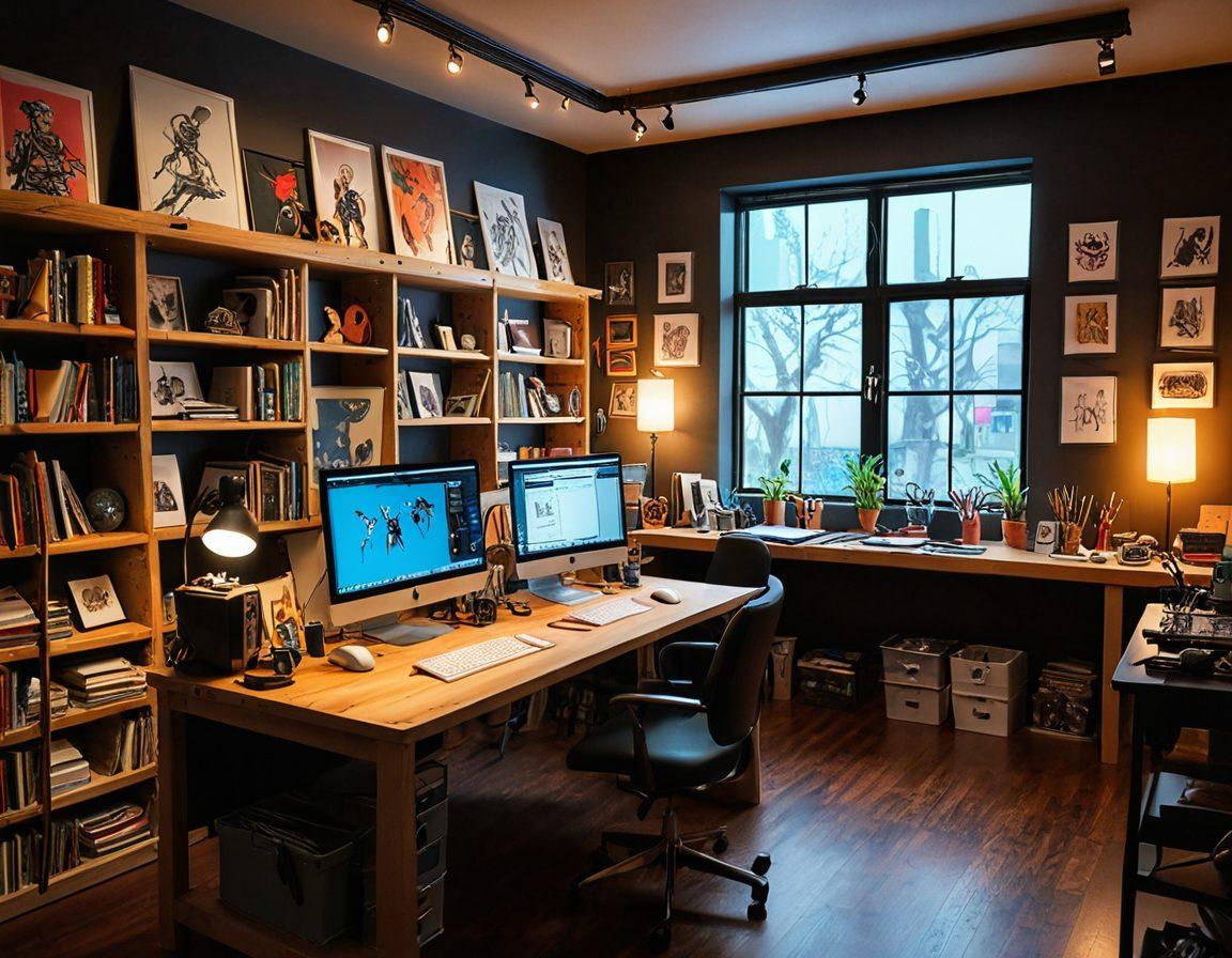 A vibrant, imaginative studio workspace filled with sketches of unique anime characters and storyboards, showcasing various stages of adult animation creation. In the background, shelves are filled with art supplies, vibrant color palettes, and digital tablets with animated scenes playing. The atmosphere is lively and inviting, with dramatic lighting highlighting the intricate details of the artwork. The characters displayed should reflect a mix of styles, from whimsical to mature, capturing the diversity of adult animation. super-realistic. vibrant colors. 3D.